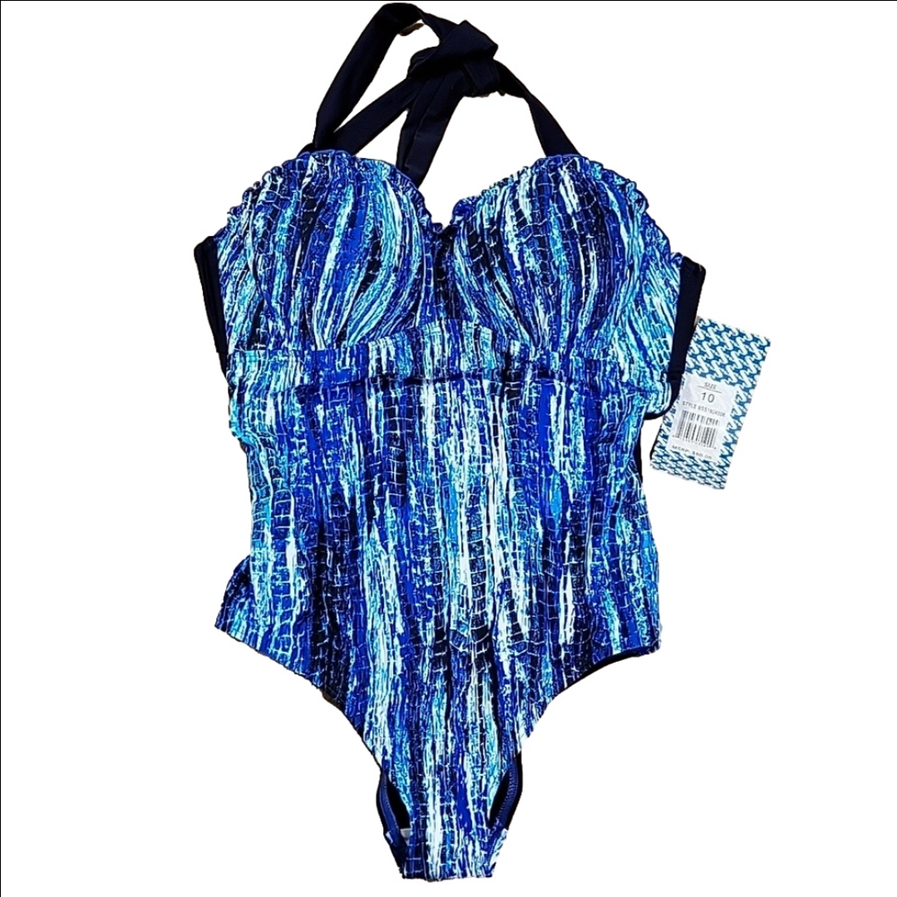 Sun & Sea Abstract Blue Back Cutout Halter Swimsuit Size 10 NWT